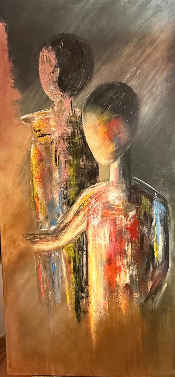 Gemälde »Quiet Connection« von Crissi Honrath, Acryl und Ölpastell auf Leinwand, 80 × 160 cm