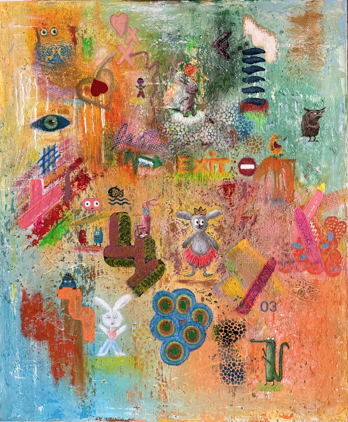 Gemälde »Life Unscripted« von Crissi Honrath, Mischtechnik (Acryl, Ölpastell und Eierschale) auf Leinwand, 100 × 120 cm